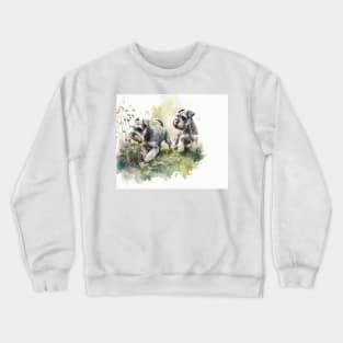 Two Miniature Schnauzers Playing Watercolour Painting Crewneck Sweatshirt